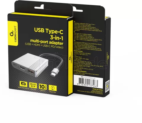 Photo de Adaptateur 3en1 USB-C CableXpert vers USB-A + HDMI + USB-C 18cm (Gris)