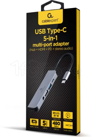 Photo de Adaptateur 5en1 USB-C CableXpert vers 2 x USB-A + HDMI + USB-C + Jack 3.5mm 12cm (Gris)
