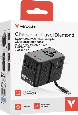 Photo de Adaptateur universel de voyage Verbatim Charge'n'Travel 100W (Noir)