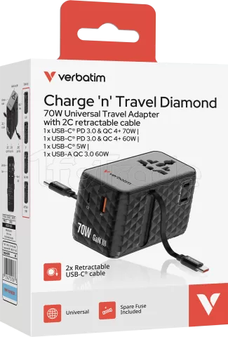 Photo de Adaptateur universel de voyage Verbatim Charge'n'Travel 70W (Noir)