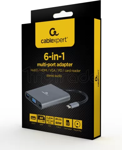 Photo de Adaptateur USB-C 3.0 CableXpert vers USB-A/C + VGA + HDMI+ carte SDµSD + Jack 3,5mm (Gris)