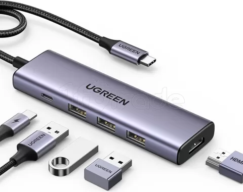 Photo de Adaptateur USB-C Ugreen vers 1x HDMI + 3x USB-A + 1x USB-C 100W (Gris)