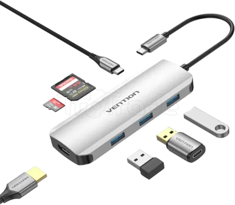 Photo de Adaptateur USB-C Vention vers 3x USB-A + 1x HDMI+ 1x USB-C 100W 0.15m (Gris)