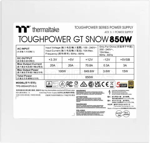 Photo de Alimentation ATX Thermaltake Toughpower GT - 850W (Blanc)