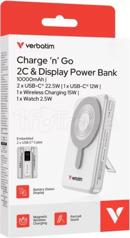 Photo de Batterie externe sans fil magnétique Verbatim Charge'n'Go 2C - 10000mAh (Argent)