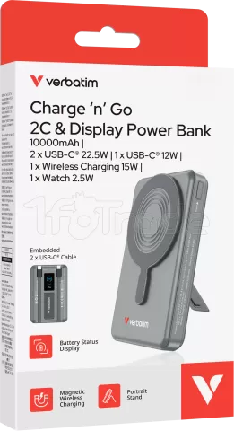 Photo de Batterie externe sans fil magnétique Verbatim Charge'n'Go 2C - 10000mAh (Gris)