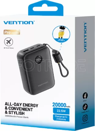 Photo de Batterie externe Vention 2x USB-C + 1x USB-A - 20000mAh (Noir)