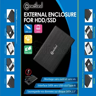 Photo de Boitier externe USB 3.0 Connectland - S-ATA 2,5" sans vis (Noir )