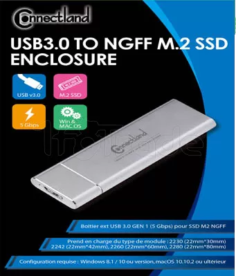 Photo de Boitier externe USB 3.0 Connectland - S-ATA M.2 Type 2280 (Argent)