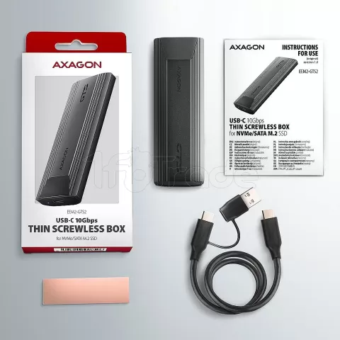 Photo de Boitier externe USB 3.1 Axagon EEM2-GTS2 - S-ATA/NVMe M.2 Type 2280 (Argent)