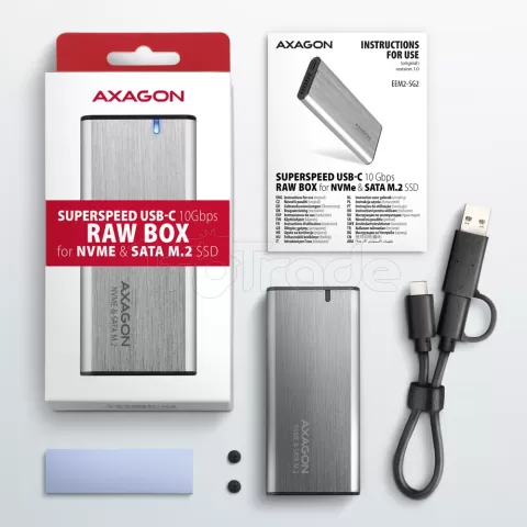 Photo de Boitier externe USB 3.2 Axagon EEM2-SG2 - S-ATA/NVMe M.2 Type 2280 (Argent)