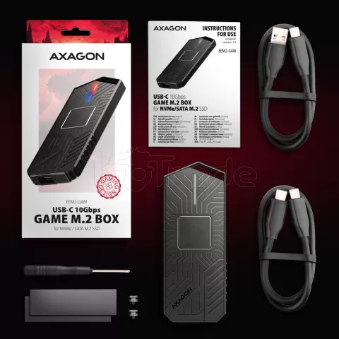Photo de Boitier externe USB-C 3.1 Axagon EEM2-GAM - S-ATA/NVMe M.2 Type 2280 (Noir)