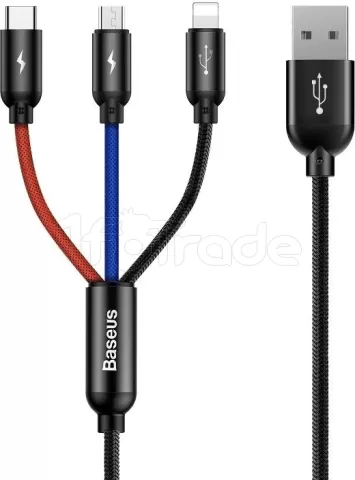 Photo de Cable 3en1 Baseus Rapid USB 2.0 type A vers Micro USB, Type C & Lightning M/M 1,2m (Noir/Rouge/Bleu)