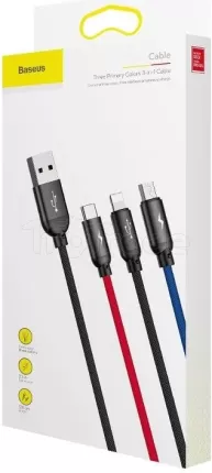 Photo de Cable 3en1 Baseus Rapid USB 2.0 type A vers Micro USB, Type C & Lightning M/M 1,2m (Noir/Rouge/Bleu)