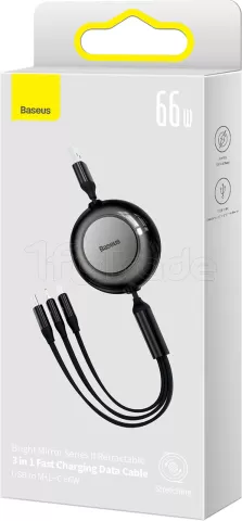 Photo de Câble 3en1 rétractable Baseus Bright Mirror USB 2.0 type A vers Micro USB, USB-C & Lightning M/M 1,1m 66W (Noir)