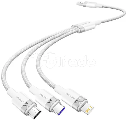 Photo de Cable 3en1 Vention USB 2.0 type A vers Micro USB, Type C & Lightning M/M 1.5m (Blanc)