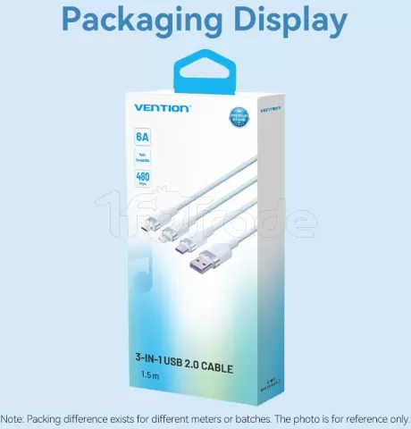 Photo de Cable 3en1 Vention USB-A 2.0 vers Micro USB, USB-C & Lightning M/M 1.5m (Blanc)