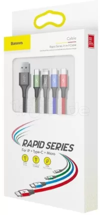 Photo de Cable 4en1 Baseus Rapid USB 2.0 type A vers 2xType C, 1 x Micro USB & 1 x Lightning M/M 1,2m (Noir)