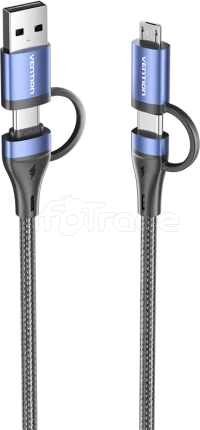 Photo de Cable Adaptateur 4en1 Vention 1x USB-C + 1x USB-A vers 1x USB-C + 1x micro- USB-B 1m (Noir/Bleu)