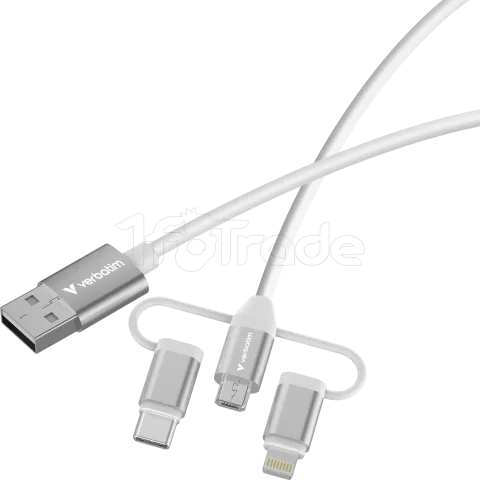 Photo de Cable Adaptateur Verbatim USB-A vers micro-B + USB-C + Lightning M/M 18W 1m (Blanc)