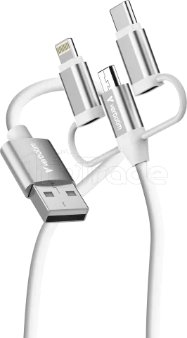 Photo de Cable Adaptateur Verbatim USB-A vers micro-B + USB-C + Lightning M/M 18W 1m (Blanc)