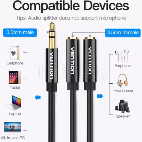 Photo de Cable Audio Vention mini Jack 3.5mm 2x mini Jack 3.5 mm 0.3m (Noir)