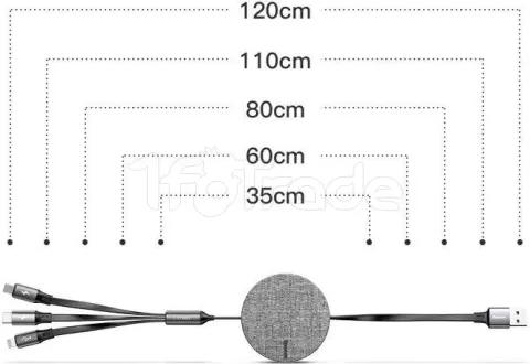 Photo de Cable rétractable 3 en 1 Baseus Fabric USB 2.0 type A - vers Type C, Micro USB & Lightning M/M 1,2m (Gris)