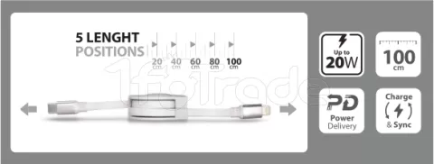 Photo de Câble rétractable Tiemme Twister USB type C - Lightning M/M 20W 1m (Blanc)