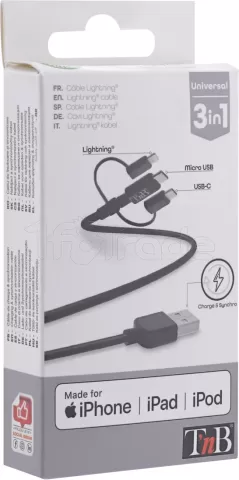 Photo de Câble T'nB 3en1 USB - Lightning / Micro-USB / USB-C M/M 1,5m (Noir)