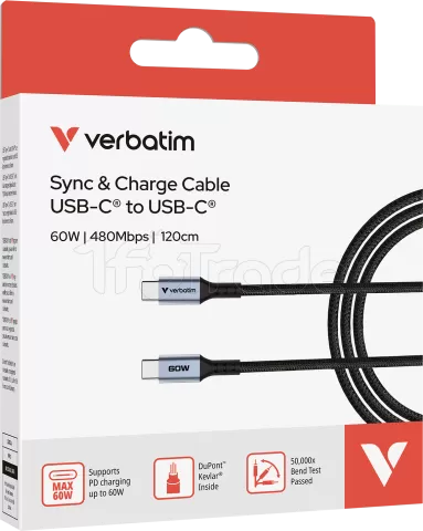 Photo de Câble USB-C Verbatim Sync & Charge 1,2m M/M 60W (Gris/Noir)