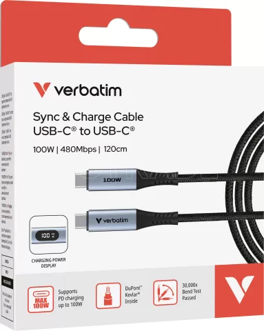 Photo de Câble Verbatim USB-C avec écran 1,2m M/M 100W (Gris/Noir)