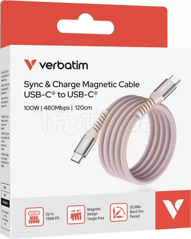 Photo de Câble Verbatim USB-C magnétique 1,2m M/M 100W (Rose)