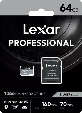 Photo de Carte mémoire Micro SD Lexar 1066x - 64Go avec adaptateur