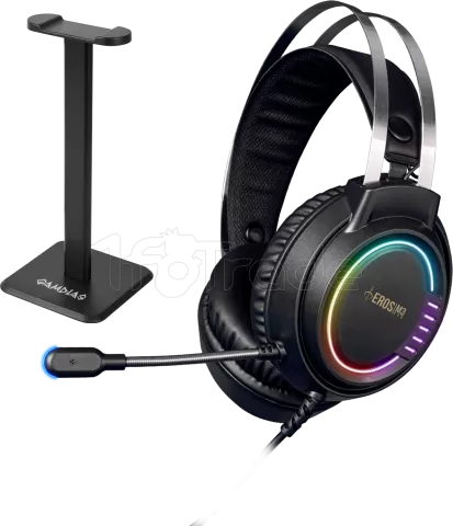 Photo de Casque Gamer filaire Gamdias Eros M3 Elite RGB (Noir) avec support