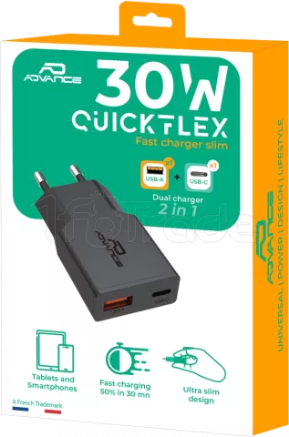 Photo de Chargeur secteur Advance QuickFlex 1xUSB-A + 1x USB-C 30W (Noir)