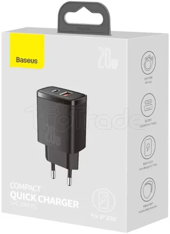 Chargeur secteur Baseus Compact 1x port USB-A + 1x port USB-C 20W (Noir)  pour professionnel, 1fotrade Grossiste informatique