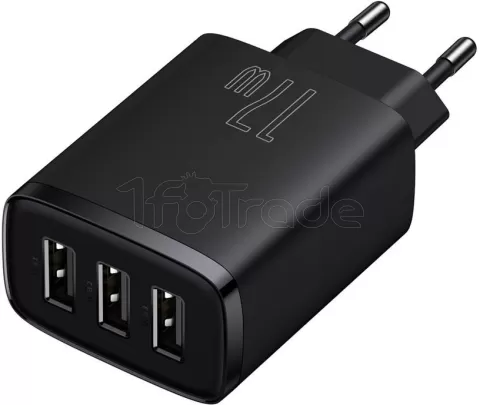 Photo de Chargeur secteur Baseus Compact 3x ports USB-A 17W (Noir)