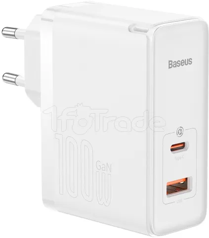 Photo de Chargeur secteur Baseus GaN5 Pro 1x port USB-A + 1x port USB-C 100W + Cable USB-C 1m (Blanc)