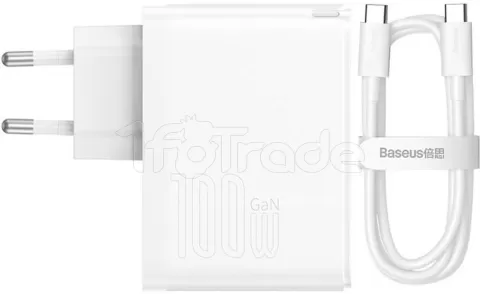 Photo de Chargeur secteur Baseus GaN5 Pro 1x port USB-A + 1x port USB-C 100W + Cable USB-C 1m (Blanc)