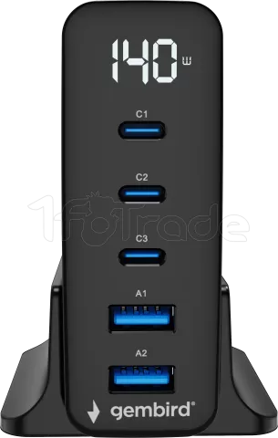 Photo de Chargeur secteur Gembird GaN 2x USB-A + 3x USB-C 140W (Noir)