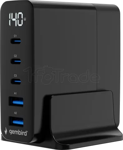 Photo de Chargeur secteur Gembird GaN 2x USB-A + 3x USB-C 140W (Noir)
