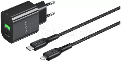 Photo de Chargeur secteur Havit ST925 - 1x USB-C + 1x USB-A 20W avec câble Lightning (Noir)