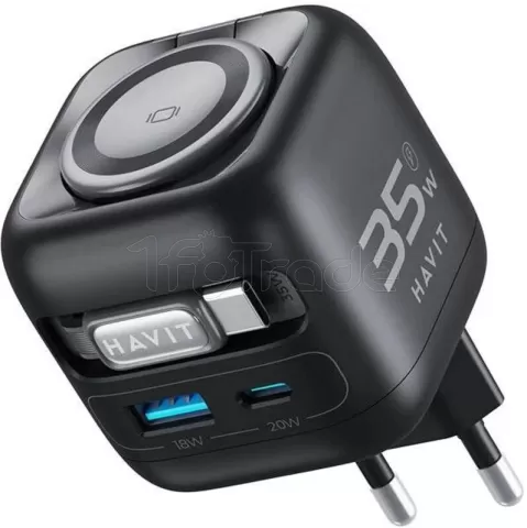 Photo de Chargeur secteur Havit t UC250-A - 1x USB-C + 1x USB-A + cable USB-C intégré 35W (Noir)