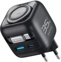 Photo de Chargeur secteur Havit t UC250-A - 1x USB-C + 1x USB-A + cable USB-C intégré  35W (Noir)