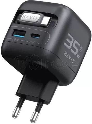 Photo de Chargeur secteur Havit t UC250-A - 1x USB-C + 1x USB-A + cable USB-C intégré 35W (Noir)