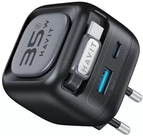 Photo de Chargeur secteur Havit t UC250-A - 1x USB-C + 1x USB-A + cable USB-C intégré 35W (Noir)