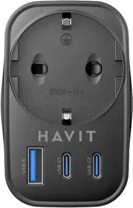 Photo de Chargeur secteur Havit UC142 - 2x USB-C + 1x USB-A + Prise FR (Noir)