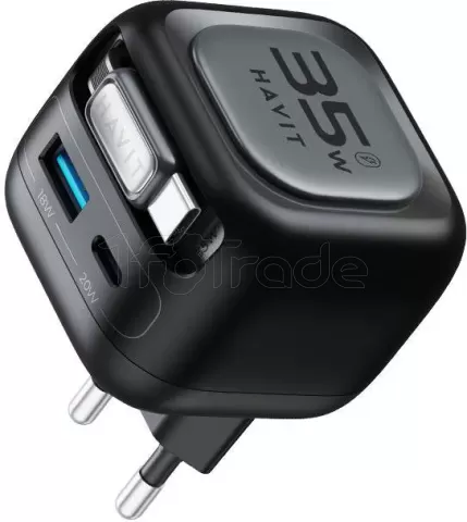 Photo de Chargeur secteur Havit UC253 - 1x USB-A + 1x USB-C 35W avec câble USB-C (Noir)
