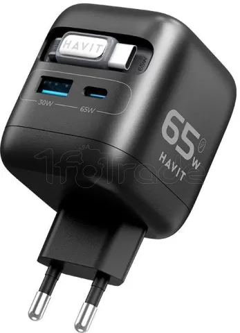 Photo de Chargeur secteur Havit UC253 - 1x USB-A + 1x USB-C 65W avec câble USB-C (Noir)