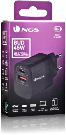 Photo de Chargeur secteur NGS Bud 1x USB-C + 1x USB-A 45W (Noir)